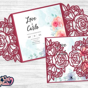 Roses Gate fold card SVG, wedding invitation SVG, Square invite holder, Quinceanera Birthday invite svg, template Cricut Cameo Laser cut.