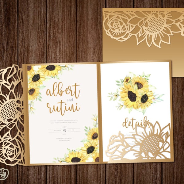 Sunflower Trifold Envelope SVG 5x7, Wedding invitation SVG template Cricut, Wedding pocket envelope, Lace wedding invitation Laser cut.