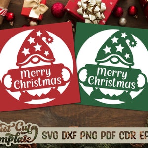 Cartão Gnomo Feliz Natal SVG Cricut, Cartão de Feliz Natal Modelo de corte a laser, Cartão de felicitações de Natal svg dxf cdr pdf png eps.