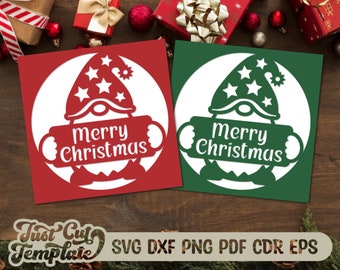 Gnome card Merry Christmas SVG Cricut, Merry Christmas card Laser cut Papercut template, Christmas Greeting card svg dxf cdr pdf png eps.