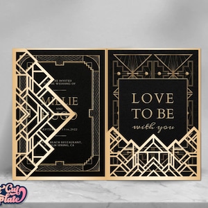 Invito a tre ante Art Deco SVG 5x7, busta tascabile per matrimonio, tema anni '20 Invito alla festa Great Gatsby, modello Cricut Cameo Taglio laser, digitale.