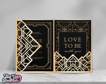 Art Deco Trifold invitation SVG 5x7, Wedding pocket envelope, 20s theme Great Gatsby party invite, template Cricut Cameo Laser cut, digital.