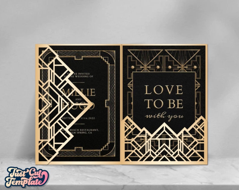 May include: A black and gold wedding invitation with an art deco design. The invitation features a geometric pattern and the text "Love to be with you".