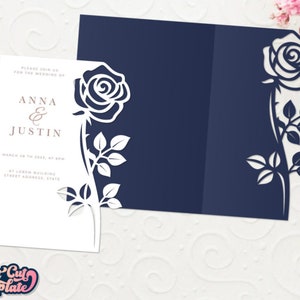 Rose bruiloft uitnodiging SVG sjabloon 5 x 7, bruiloft vouwkaart, Quinceanera verjaardagskaart, sjabloon Cricut, Silhouette Cameo, Lasergesneden.