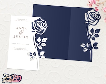 Faire-part de mariage rose modèle SVG 5 x 7, pliage de mariage, carte d'anniversaire de Quinceanera, modèle Cricut, camée silhouette, découpé au laser.