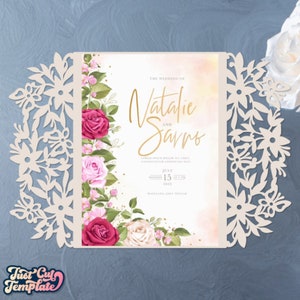 Floral Klappkarte 15x18, Cricut Hochzeitseinladung SVG, Quinceaño Geburtstagskarte, Einladungskarte mit Spitze, Vorlage Cricut Cameo Laserschnitt.