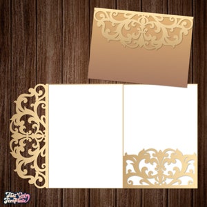 Trifold Wedding pocket envelope SVG 5x7, Fleur de lis invitation, Lace Quinceañera party Invite, template Cricut Cameo Laser cut, digital.