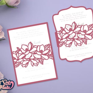 Magnolie Hochzeit Einladung SVG Karte mit Bauchband, Schneidevorlage Cricut Cameo Laser geschnitten, digitaler Download (SVG, DXF, eps, png Vektor).