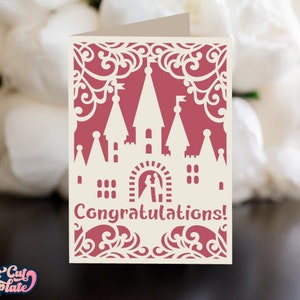 Carte d'anniversaire de félicitations, carte de mariage SVG 5 x 7, carte des jeunes mariés, carte de mariage château des fées, modèles de découpe laser camée Cricut. image 2
