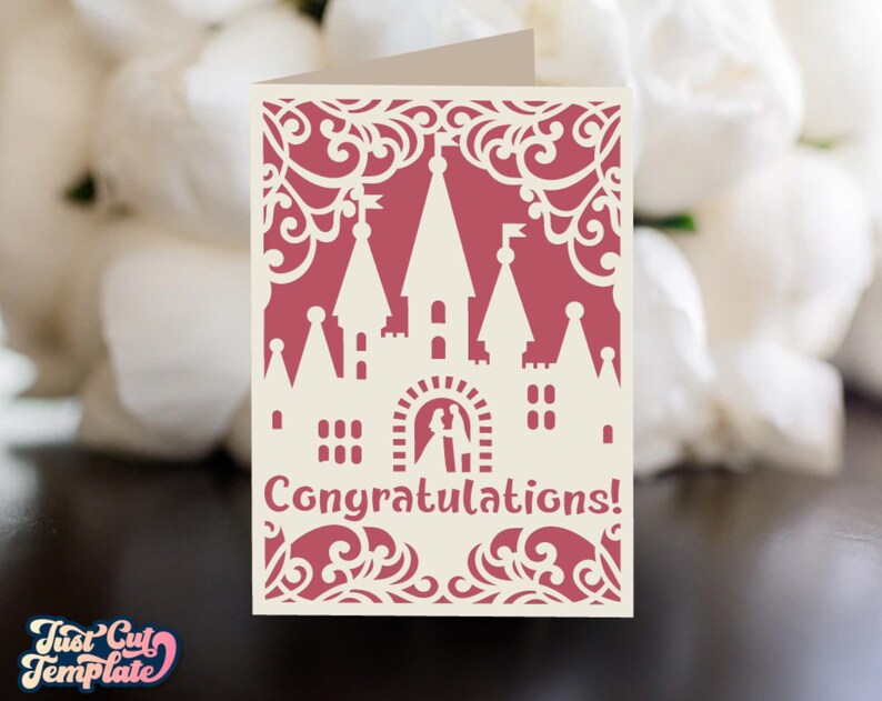 Carte d'anniversaire de félicitations, carte de mariage SVG 5 x 7, carte des jeunes mariés, carte de mariage château des fées, modèles de découpe laser camée Cricut. image 2