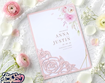 Rose Laser Cut Wedding Invitation Template 5x7, Floral Pocket SVG for Cricut Cameo, Die Cut Pocket Envelopes, Quinceanera Lace Folder dxf