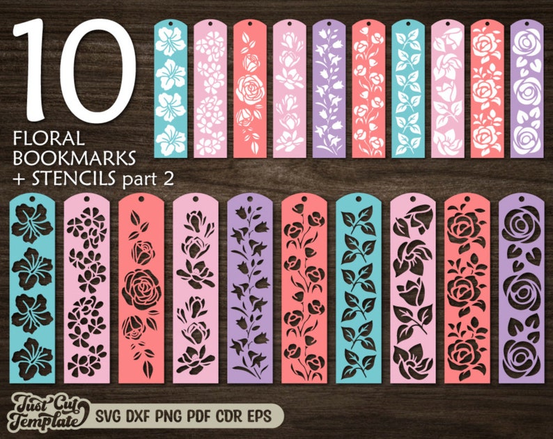 Pode incluir: Dez arquivos digitais de corte para marcadores de livros e stencils florais. Os designs apresentam v&aacute;rios padr&otilde;es florais em rosa, azul e roxo.