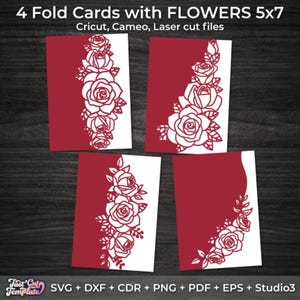 4 plis de cartes SVG, cartes florales, cartes de roses, carte-cadeau, carte de mariage, carte de fête des mères, modèles de carte d'anniversaire pour Cricut cameo découpé au laser.