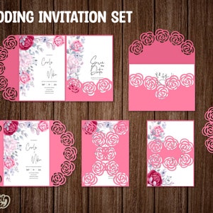 Set Rosen Hochzeitseinladung SVG, Trifold Pocket Umschlag, Tor Klappkarte, Quinceañora einladen, Schneidevorlagen Cricut Cameo Laser cut