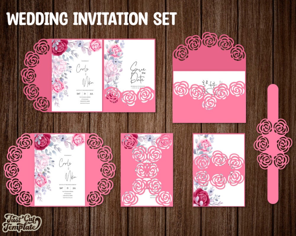Set Roses Wedding invitation SVG, Trifold pocket envelope, Gate fold card, Quinceañera invite, cutting templates Cricut Cameo Laser cut