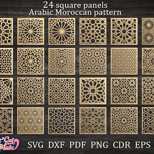 24 islamische Muster, arabische und marokkanische dekorative quadratische Paneele, Laser-cut-Panel-Vorlagen, Schrank-Schirm-Teiler, DXF-CDR-, STL-3D-Dateien.