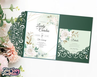 Invitation de mariage triple SVG, Enveloppe de poche de mariage 5x7, Invitation en dentelle, Modèle de couverture d’invitation Cricut Cameo Coupe laser, numérique.