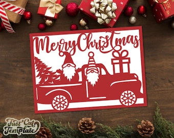 Christmas SVG card Cricut, Merry Christmas card with Gnomes truck, Christmas car svg, Laser cut Christmas truck card template.