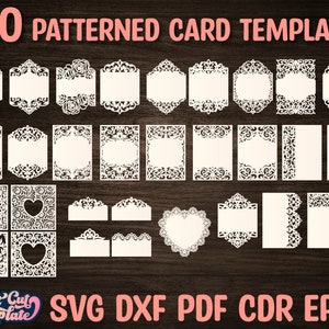 Set Gemusterte Karten SVG, 30 Hochzeitseinladungskarten bündeln, Antwortkarten-Save the Date Menükarte, Geburtstag, Laser geschnitten Cricut Cameo-Dateien.