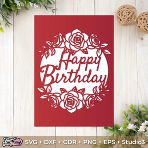 Joyeux anniversaire carte SVG 5 x 7, modèle de carte de pli, floral anniversaire svg, fichier découpé au laser, fichiers Cricut & Silhouette, dxf eps png cdr Studio3.