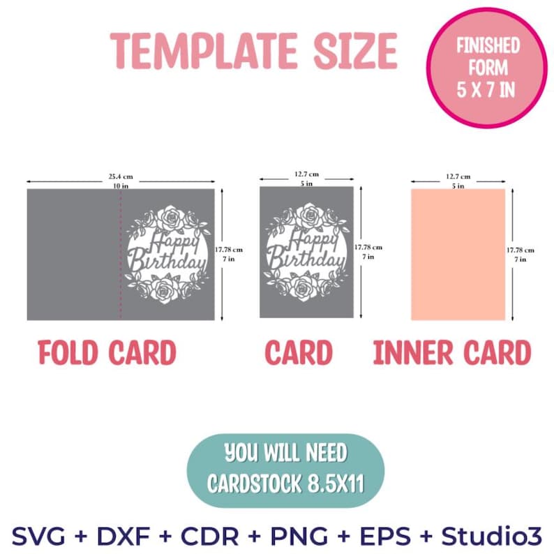 Happy Birthday Card SVG Template 5x7, Floral Birthday Card Cut File for ...