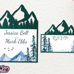 Montagnes cartes SVG, invitation de mariage de voyage SVG, carte de forêt de montagnes, carte Save the Date RSVP, modèles Cricut Cameo Laser cut.