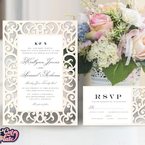 Cartes de mariage SVG, cartes d'invitation 5 x 7, faire-part de mariage SVG, RSVP carte de menu Save the Date, modèles Cricut cameo découpés au laser.