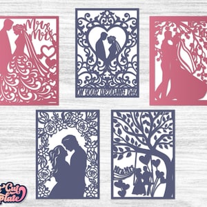 5 つのウェディング カード SVG テンプレート 5x7、ミスター アンド ミセス カード、新郎新婦の折りたたみカード、ウェディング招待状 SVG テンプレート Cricut Cameo レーザーカットのセット。