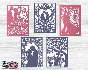 Set 5 Wedding card SVG templates 5x7, Mr and Mrs card, Bride and groom fold card, Wedding invitation SVG template Cricut Cameo Laser cut.