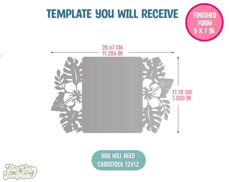 May include: A printable template for a 5x7 inch floral card. The template is designed to be cut from 12x12 inch cardstock. The card features a floral design with hibiscus flowers and leaves.
