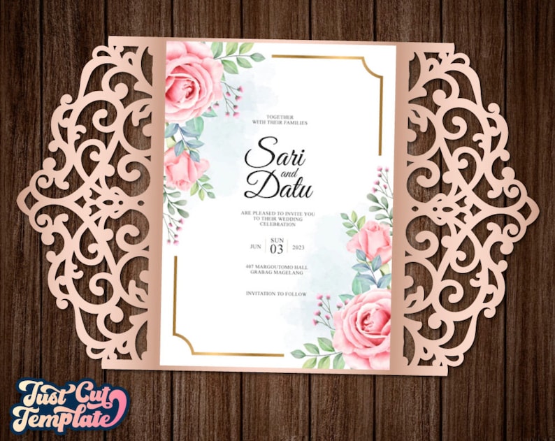 May include: A laser cut wedding invitation with a delicate floral design. The invitation features a pink and white floral pattern with a gold border. The text on the invitation reads "Together with their families, Sari and Datu are pleased to invite you to celebrate their wedding. Sun, Jun 03, 2023, Het Margomojo Hall, Grabag Magelang. Invitation to follow."