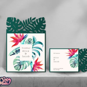 Biglietti con foglie tropicali SVG, inviti di nozze SVG, biglietti con foglie di palma, inviti Monstera, RSVP, modelli Cricut Cameo tagliati al laser.
