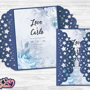 Carte de porte SVG avec motif d’étoiles, modèle d’invitation Galaxie céleste, carte d’anniversaire d’étoile, invitation de mariage svg Cricut Cameo Coupe laser.