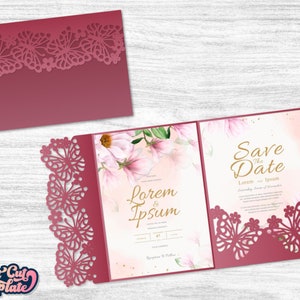 Schmetterling Trifold Umschlag SVG 5x7, Hochzeitseinladung SVG, Hochzeit Tasche Umschlag mit Schmetterlingen, Vorlage Cricut Cameo Laser geschnitten.