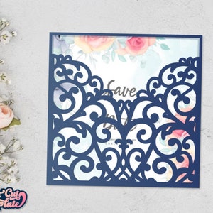 Envelope de bolso de casamento SVG, convite de casamento quadrado SVG, cartão de bolso, convite de festa de aniversário em renda, modelo Cricut Cameo cortado a laser.