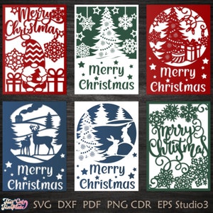 Conjunto de 6 cartões de Feliz Natal 5x7 SVG, pacote de cartões dobrados de Natal, cartão de felicitações de Natal, modelos Cricut Cameo Corte a laser Papercut Digital.