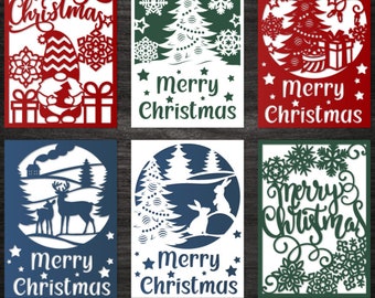 Set 6 tarjetas de Feliz Navidad 5x7 SVG, paquete de tarjetas plegables de Navidad, tarjeta de felicitación de Navidad, plantillas Cricut Cameo Corte láser Papercut Digital.