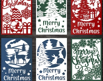 Set 6 Merry Christmas cards 5x7 SVG, Christmas fold card bundle, Christmas Greeting card, templates Cricut Cameo Laser cut Papercut Digital.