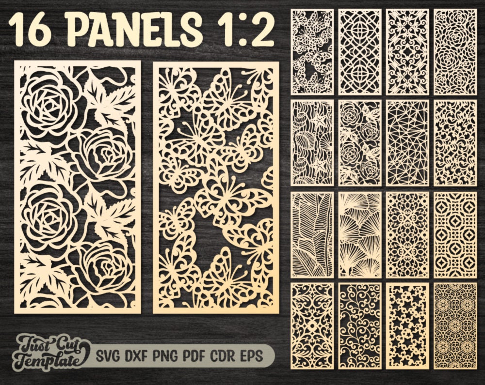 16 Laser cut Panel templates, SVG panels set 1:2, Vector digital pattern, Flowers panel, abstract patterns svg dxf, Cabinet Screen Divider.