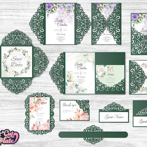 Set Hochzeitseinladung SVG-Vorlagen, Hochzeits-Trifold-Umschlag, Torfalten-Karte, Tischkarte svg, Hochzeit stationär Cricut Cameo Laser-Schnitt.