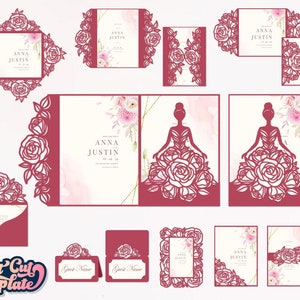 Wedding Invitation SVG set, Quinceanera birthday svg, Roses Wedding SVG bundle, 10 templates for Cricut Cameo Laser cut.