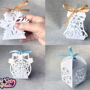 Set Weihnachtsbevorzugungsbox SVG-Vorlagen, Weihnachtsgeschenkbox bündeln, Winterhochzeit Favor Box, frohe Weihnachten Geschenkbox Cricut Cameo Laser-Schnitt.