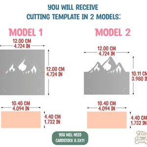 May include: Two different cutting templates for a mountain-themed paper craft. The templates are shown with measurements in inches. The first template is 4.72 inches by 4.72 inches. The second template is 4.72 inches by 3.98 inches. You will need 8.5 by 11 inch cardstock.