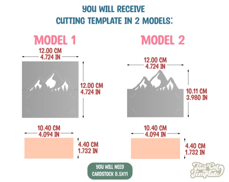 May include: Two different cutting templates for a mountain-themed paper craft. The templates are shown with measurements in inches. The first template is 4.72 inches by 4.72 inches. The second template is 4.72 inches by 3.98 inches. You will need 8.5 by 11 inch cardstock.