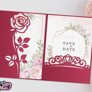 Einladung SVG Rose Blume, Hochzeit Trifold Tasche Umschlag 13x18, Quinceanera Prinzessin Einladung SVG-Cover, Vorlage Cricut Cameo Laserschnitt.