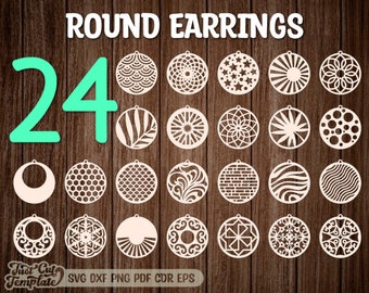 Round Earrings set SVG, Mandala earrings, 24 Laser cut Earrings, jewelry pendants set cricut, Glowforge earrings, leather earrings cut files