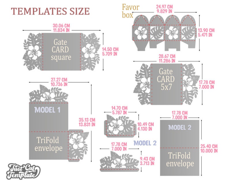 Tropical wedding invitation SVG set, 7 cut templates, Trifold envelope, Gate card, templates Cricut Cameo Laser cut SVG DXF Cdr Studio3 image 10