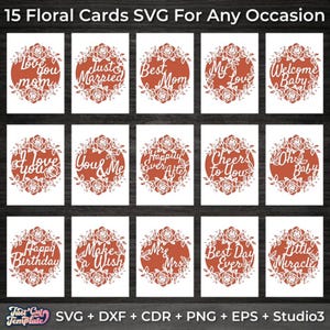 15 cartes florales SVG pour toutes les occasions, découpées au laser et modèles camée Cricut, cartes pliées et plates 5 x 7, mariage, anniversaire, bébé, fête des mères.