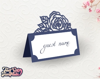 Wedding place card SVG with roses, escort card svg, tent card, table name card templates Cricut Cameo, Laser cut Wedding stationery.