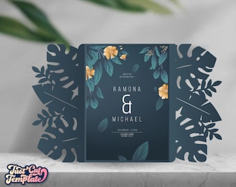 Tropisk grind-kort 5x7, bröllopsinbjudan SVG, kort med palmblad, Monstera-inbjudningsskärmall Cricut Cameo laserskuren digital.